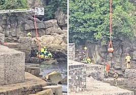 Imágenes del momento en el que el buzo es rescatado con la ayuda de la escalera del vehículo de los bomberos.