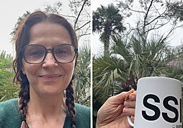 Juliette Binoche muestra a sus seguidores su taza del Zinemaldia, festival en el que dará a conocer su nueva película, 'IN-I In Motion'.