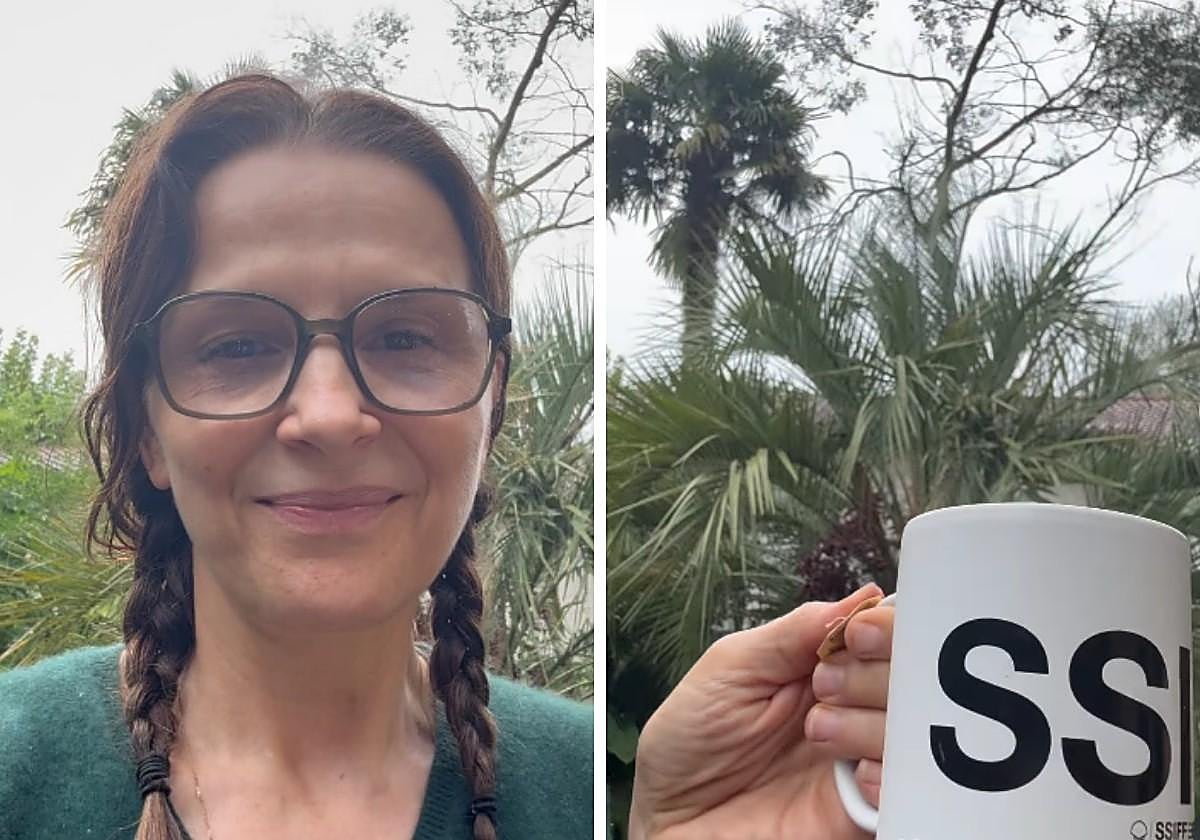 Juliette Binoche muestra a sus seguidores su taza del Zinemaldia, festival en el que dará a conocer su nueva película, 'IN-I In Motion'.