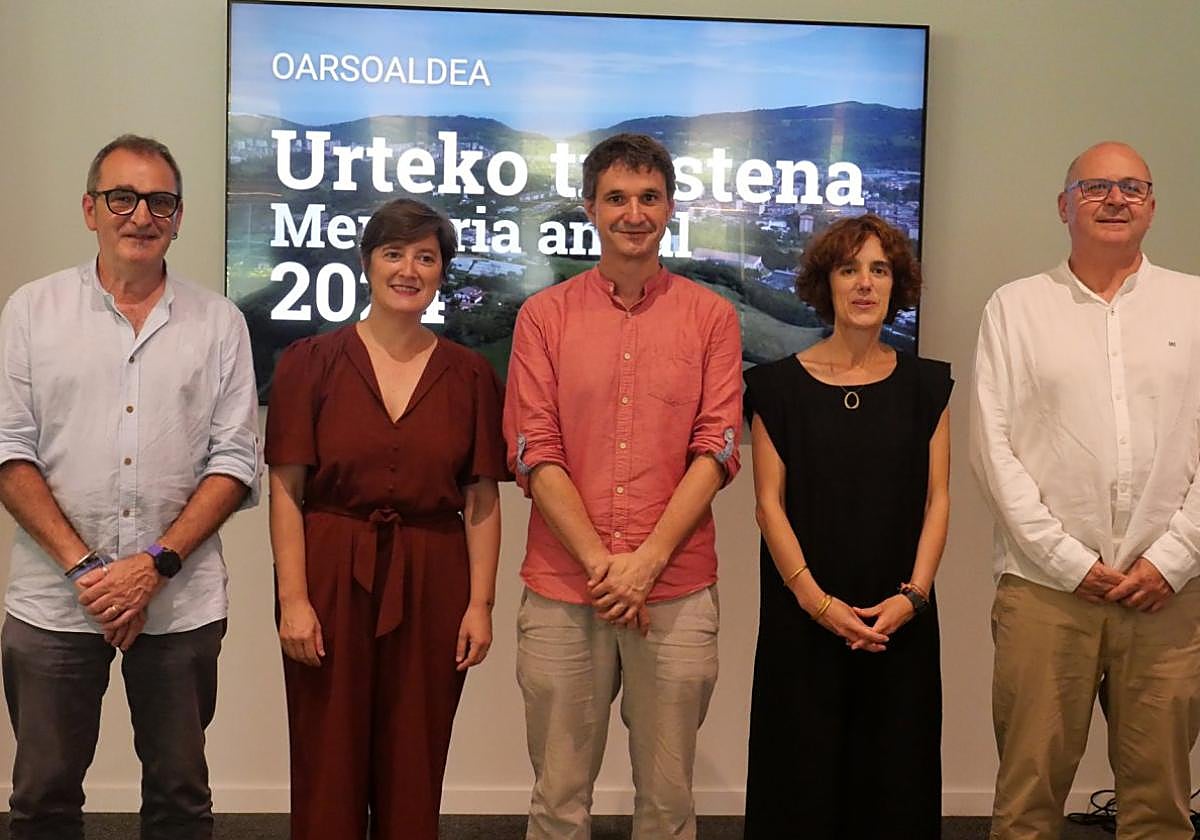 De izquierda a derecha, Teo Alberro, Aizpea Otaegi, Mikel Arruti, Joana Mendiburu y Fernando Nebreda durante el acto celebrado en el Centro de Inclusión e Innovación Oarsolan.