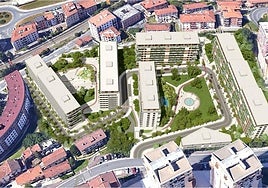 Vista aérea del futuro desarrollo de Jolastokieta en la trama urbana de Herrera.