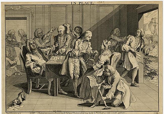 Dibujo satírico inglés en el que se ve a Robert Walpole desmayarse cuando le muestran la oreja mutilada de Robert Jenkins (1738).