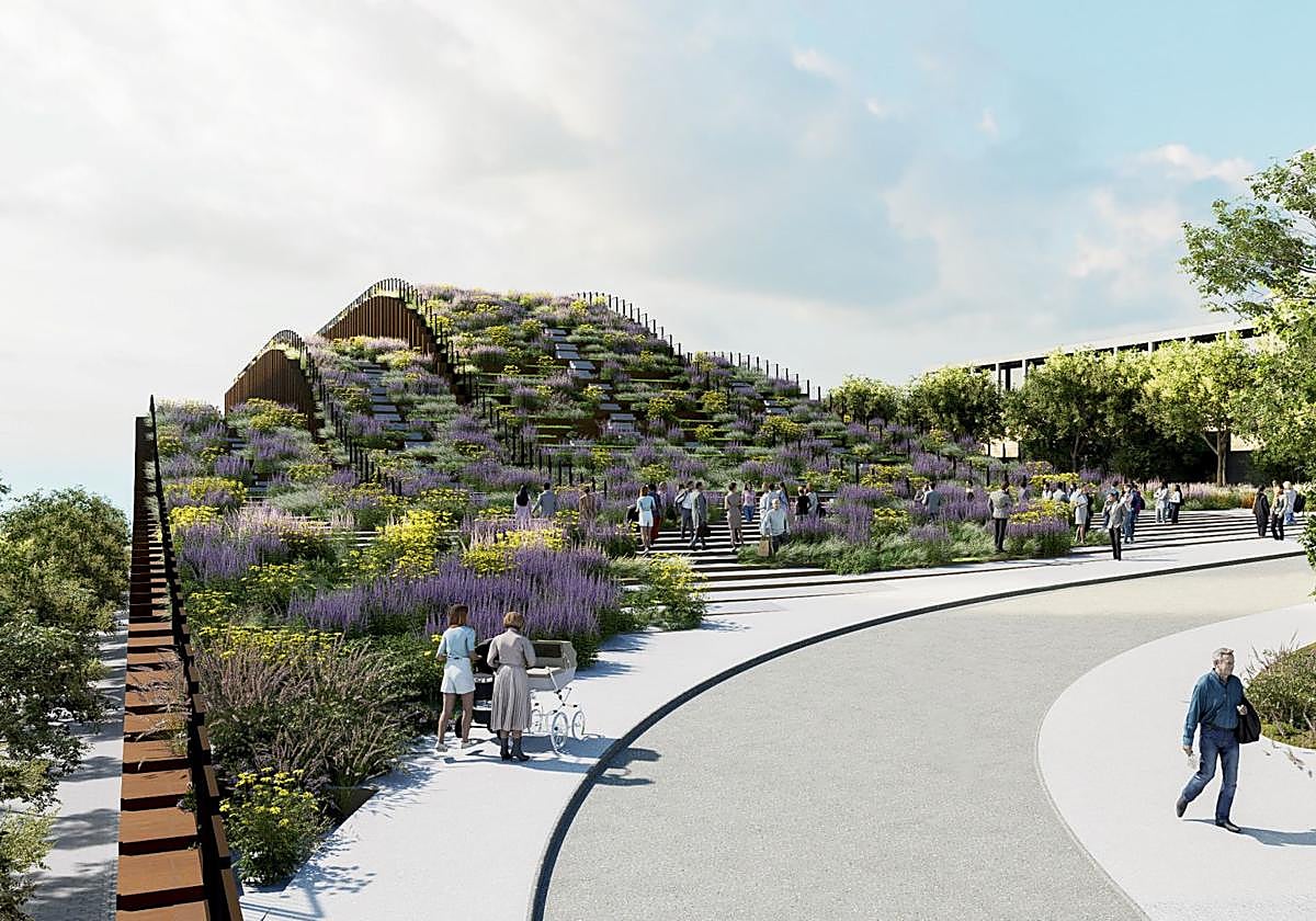 Aspecto del nuevo edificio del GOe junto con la calle Rodil de acceso a Manteo, un ámbito que aún está por definir.