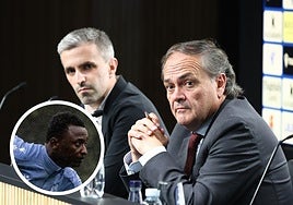 Aperribay y Bretos, hoy en la sala de prensa, y una imagen de Sadiq en Zubieta.