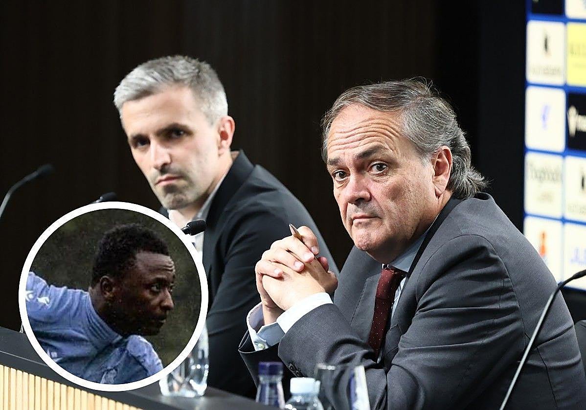 Aperribay y Bretos, hoy en la sala de prensa, y una imagen de Sadiq en Zubieta.