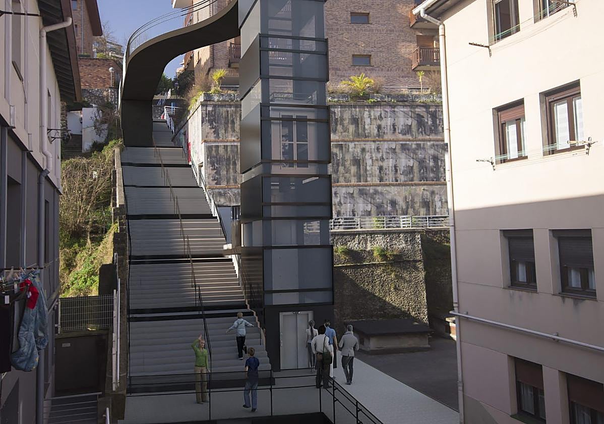 Fotomontaje del futuro ascensor que conectará la calle Escolta Real 26-28 y el paseo de Hériz 19-21.
