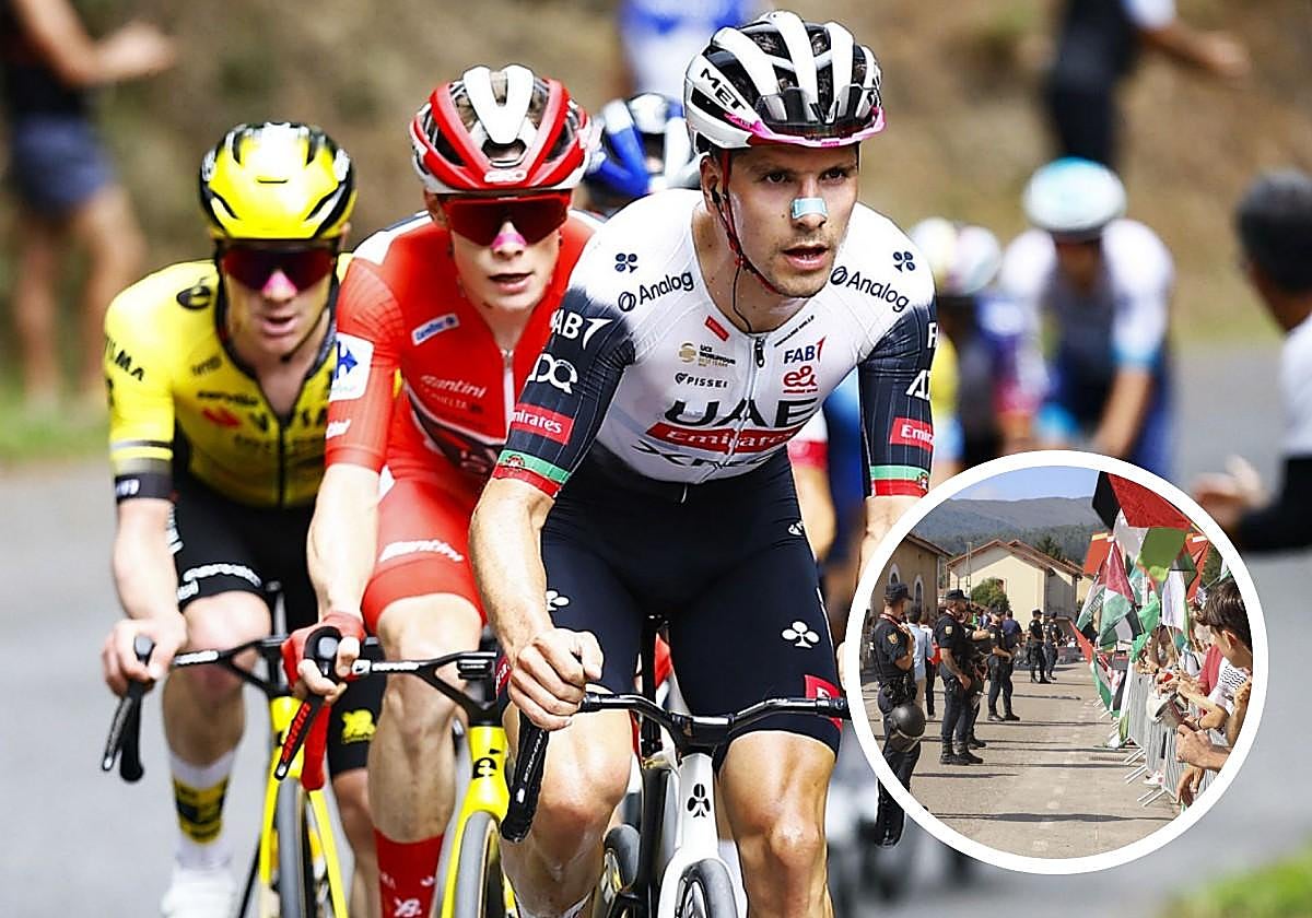 Almeida tira del grupo de los favoritos en el Angliru y manifestantes propalestinos en la salida de Cabezón de la Sal.