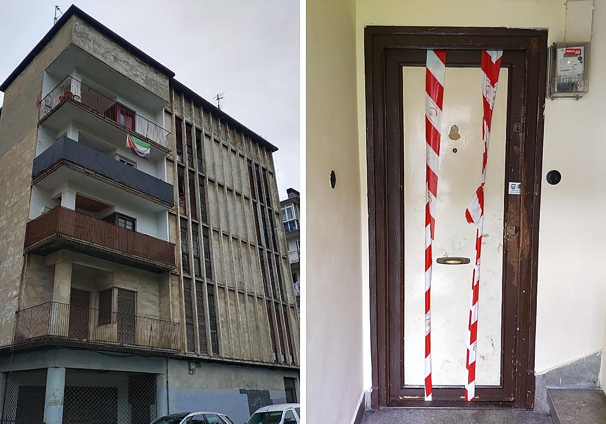 Fachada del edificio donde se ha producido el escape de gas y puerta del piso en el que ha tenido lugar el incidente.