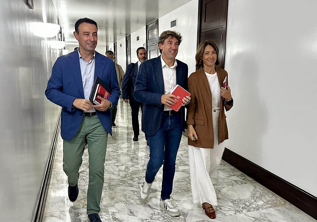 Mikel Torres, Eneko Andueza y Begoña Gil, este lunes en el Parlamento Vasco.