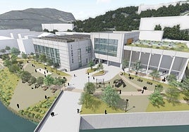 Infografìa del futuro complejo polideportivo de Iturripe con el parque público y la ribera del Aramaio naturalizada.