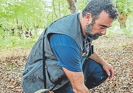 José David Fernández coge unas setas en el linde del parque Gorbeialdea.