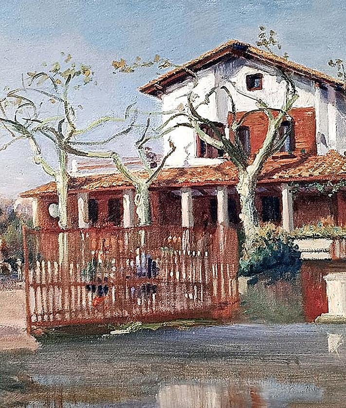 Imagen secundaria 2 - 'Estadio de bolsillo' en la hoy plaza del Sauce. Festival del Frente de Juventudes. Jugadoras de balonmano en el obligado saludo fascista. Debajo, El caserío Anoeta-Errota, en 1890, obra de R. Gordón, y merendero Xanti antes de su derribo, óleo de de J. Díaz Fernández.