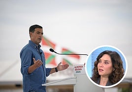 Imanol Pradales durante su discurso de ayer en el Alderdi Eguna. A la derecha, la presidenta del PP de Madrid en una entrevista televisiva,