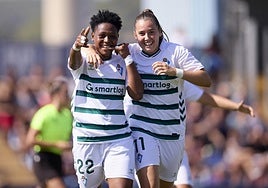 Opa Clement celebra su primer gol como jugadora del Eibar junto a Laura camino en la victoria a domicilio ante el Levante.