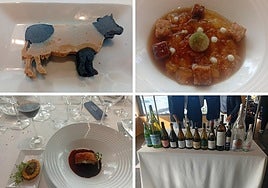 Edad del queso de Mahón, arroz y consomé de cítricos, cochinillo con langosta y la selección de vinos que se han degustado.