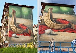 El mural en honor a la cesta punta pintado por una argentina en una localidad de Euskadi: «Ha sido muy simbólico hacerlo en la tierra de mis aitonas»