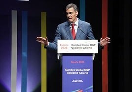 Sánchez, durante su intervención en Vitoria en IX Cumbre Global de la Alianza de Gobierno Abierto.