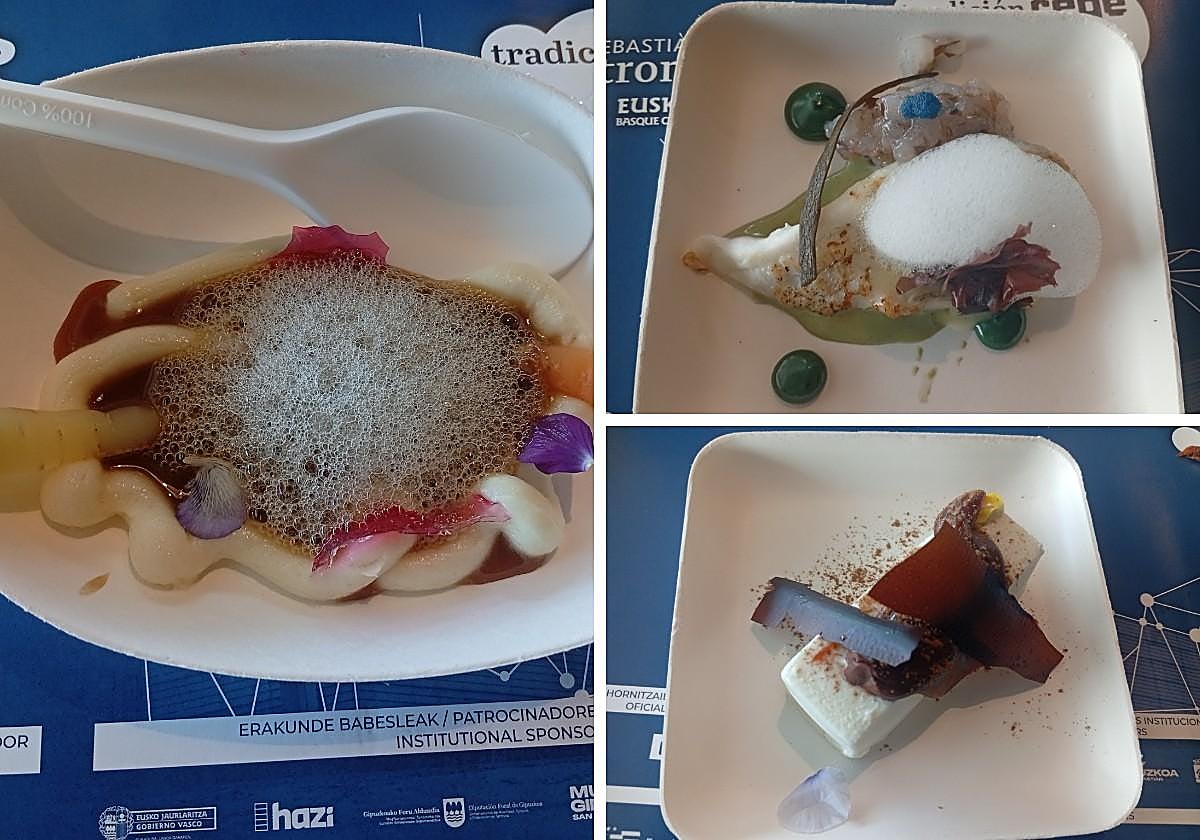 De izquierda a derecha y de arriba abajo, tubérculos de la huerta murciana, rodaballo y reinterpretación del café asiático.