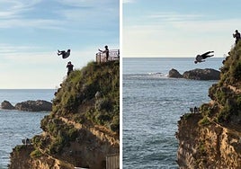 Brice Poule se lanza al mar desde un mirador.
