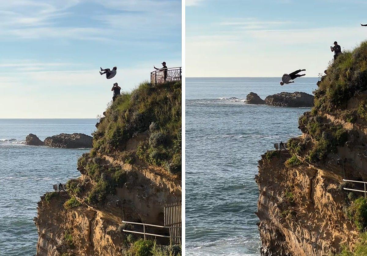 Brice Poule se lanza al mar desde un mirador.