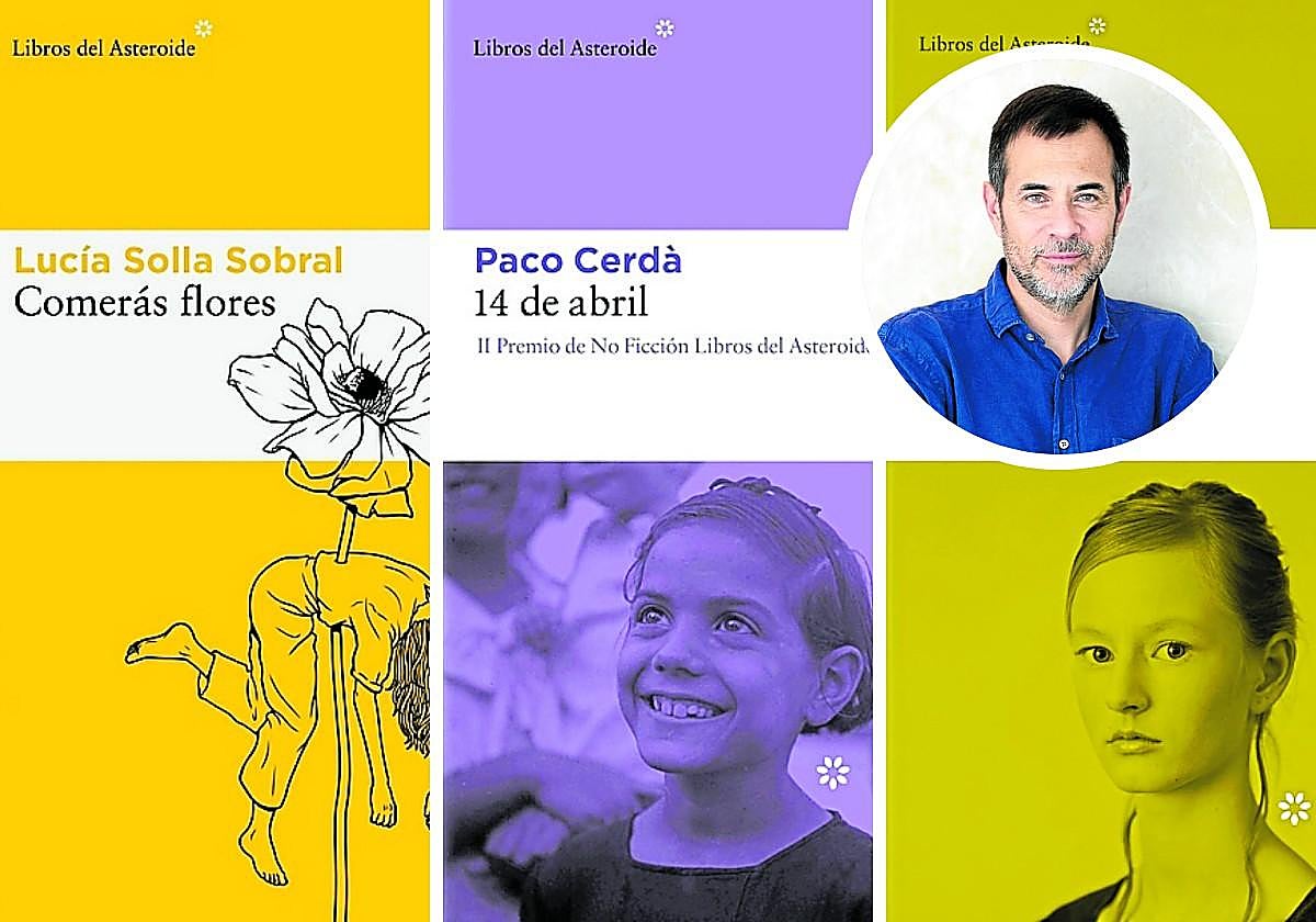 El editor Luis Solano y tres portadas de Libros del Asteroide.