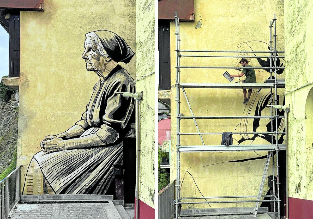 Mural berria 'Amona' izenakoa. Eskuinaldean, margolaria, Aaron Diego, lanean zegoela.