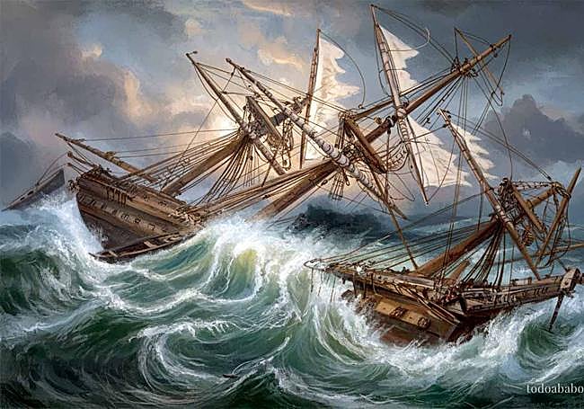 Naufragio de la fragata Juno en 1802. Composición de www.todoababor.com en base a un grabado de Jules Noël (1870).