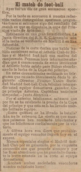 Fragmento de la noticia publicada en el periódico El Pueblo Vasco.