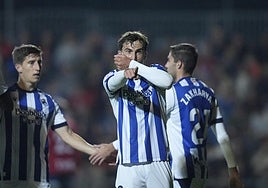 Mikel Goti celebra su gol, el que abrió el marcador y encarriló la eliminatoria
