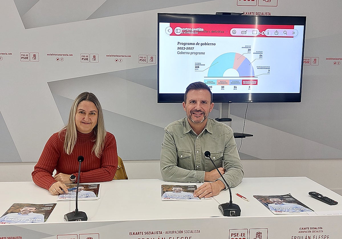 La secretaria general Nuria Fernández y el alcalde Agustín Valdivia en la sede del PSE-EE de Lasarte-Oria.