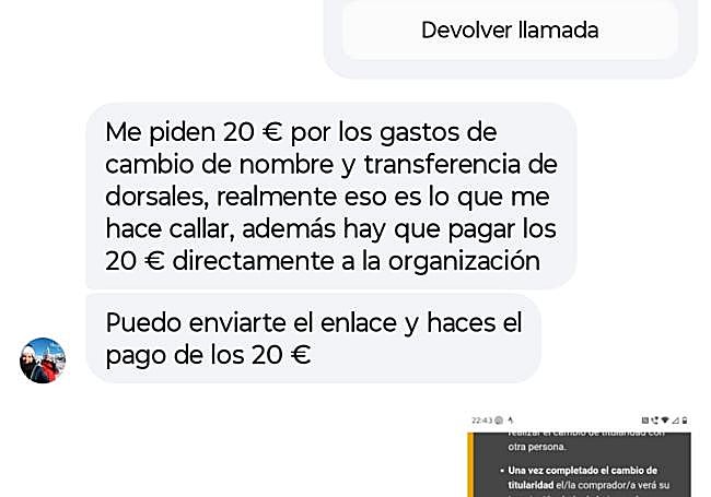 Pantallazo del wasap entre el corredor y el presunto estafador.