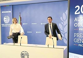 La portavoz del Gobierno Vasco, Maria Ubarretxena, y el consejero de Hacienda y Finanzas, Nöel d'Anjou, en la comparecencia para presentar los Presupuestos.