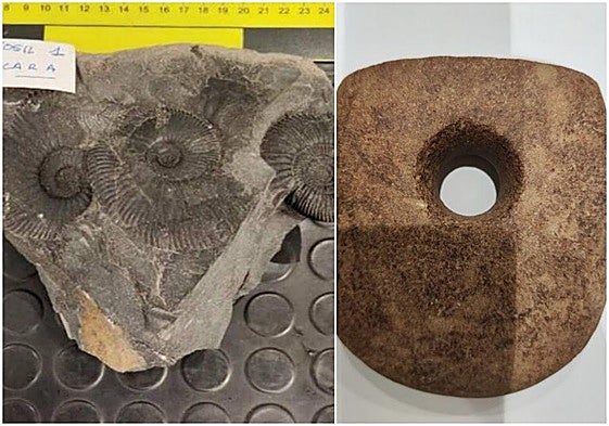 Restos paleontológicos y arqueológicos interceptados por la Unidad de Análisis de Riesgos de la Aduana del aeropuerto de Bilbao.