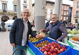 Bezero bat kiwiak erosten, Elosegiren postuan. T. M.