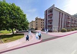 Infografía del barrio de Bedarreta con las aceras ampliadas y un único carril de circulación de salida.