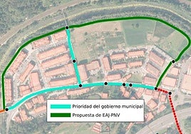 Montaje de los dos trazados propuestos, en rojo, los tramos completados por la Diputación.