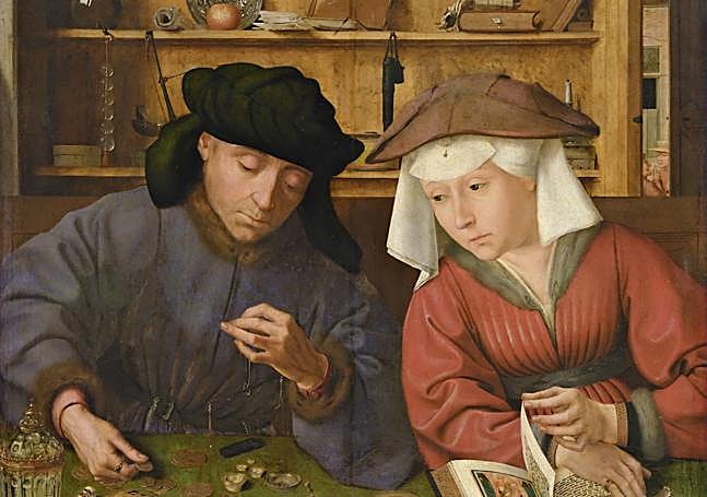Típica imagen del comerciante medieval. 'El cambista y su mujer'. Por Quentin Massys (1514). Museo del Louvre