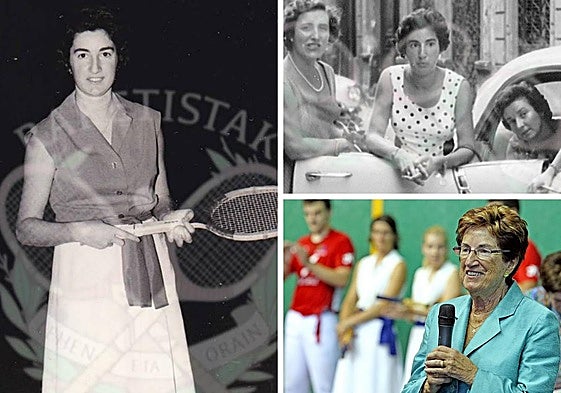 Agustina Otaola, en su época como raquetista, con sus compañeras en un viaje a La Habana, y en el homenaje en Errenteria.