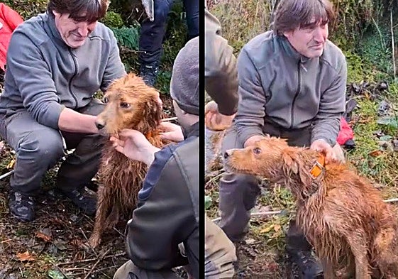 Fox, junto a su propietario, es alimentado tras ser rescatado este sábado.