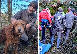 Agustín Garmendia acaricia a su perro tras ser rescatado por el equipo de búsqueda.