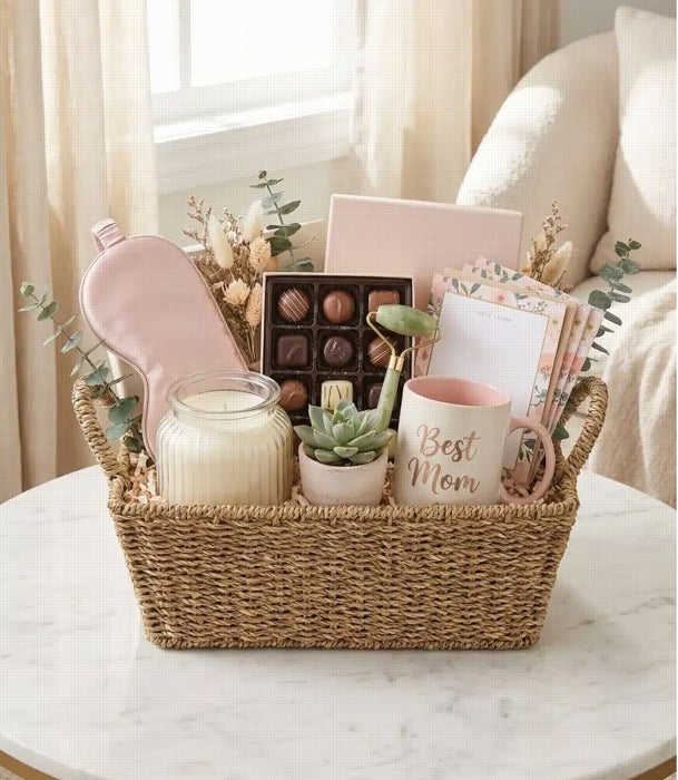 Cesta con accesorios de belleza.