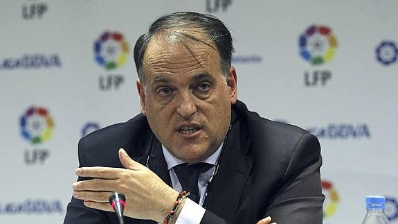 Javier Tebas, presidente de la Liga de Fútbol Profesional en rueda de prensa. 