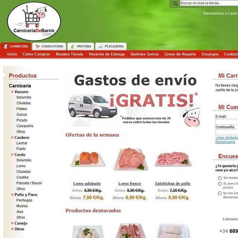 Página web de un comercio de productos cárnicos.