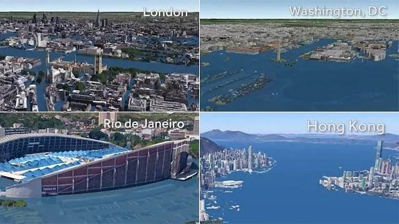 Fotomontajes de Londres, Washington, Río de Janeiro y Hong Kong bajo las aguas como consecuencia del cambio climático.