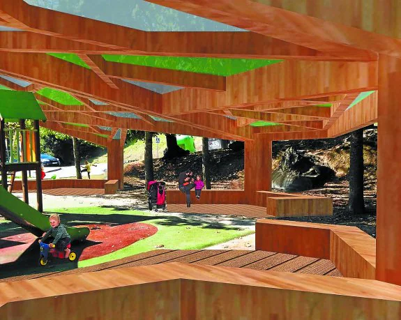 Madera. Fotomontaje que reproduce la propuesta de Biark para cubrir el parque infantil. 