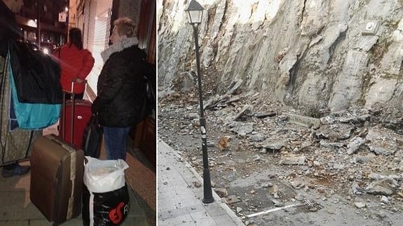 Algunos vecinos salen de las viviendas con ropa y maletas. A la derecha, vista de parte de la ladera y de los desprendimientos