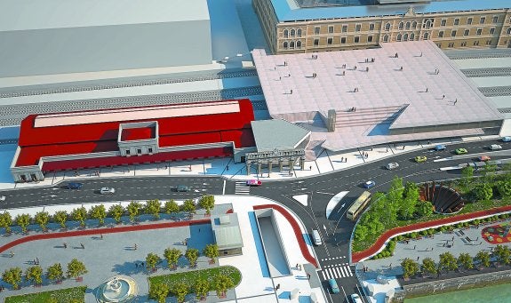 Fotomontaje de la futura estación del TAV que incluye los elementos arquitectónicos singulares de la actual terminal.
