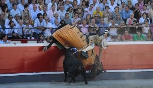'Peluquero', de Palha, derriba al picador de turno con una espectacular voltereta. /MORQUECHO