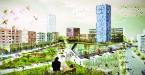 Parque en Trintxerpe. Propuesta para la zona central de La Herrera, que prevé albergar un parque, en parte elevado, una plaza y nuevas urbanizaciones.