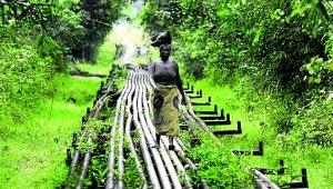 Una mujer camina con un fardo sobre un oleoducto de la compañía Shell en la zona petrolífera de Warri. ::
GEORGE OSODI / AP